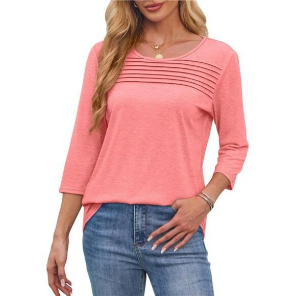 Womens 34 Sleeve Pleated Blouse Casual Dressy Tops Curved Hem Spring Summer - Picture 3 of 6